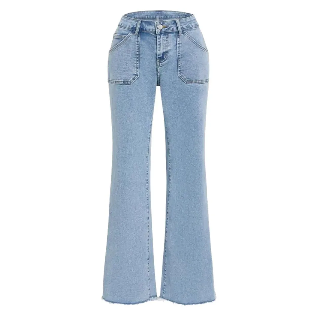 

2026 Jeans Women Flare Pants Mid Waist Washed Pockets Button Distressed Denim Blue Y2k Streetwear Straight Trousers Boot Cut