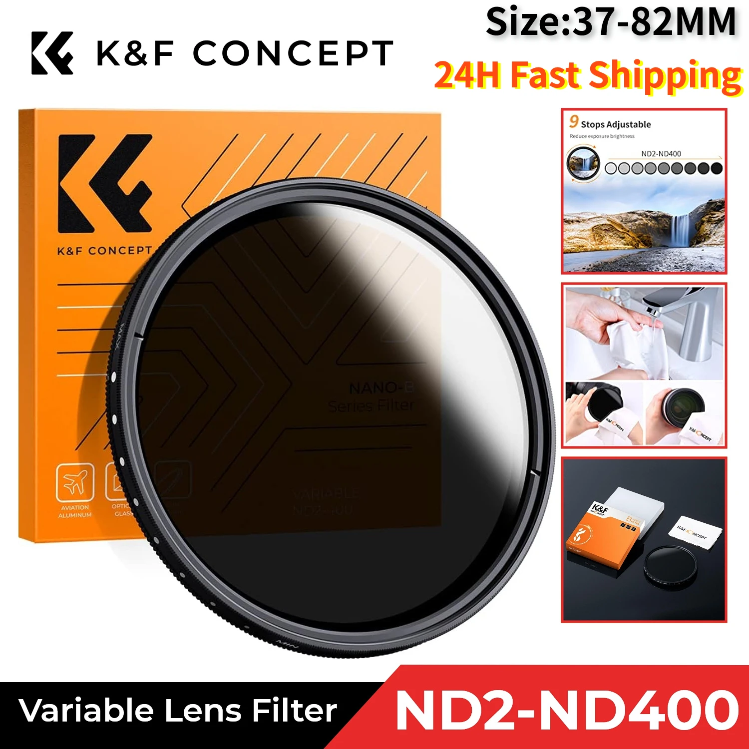 K&F Concept Variable ND Lens Filter ND2-ND400 Adjustable Neutral Density Filter for Camera Lens with Microfiber Cleaning Cloth