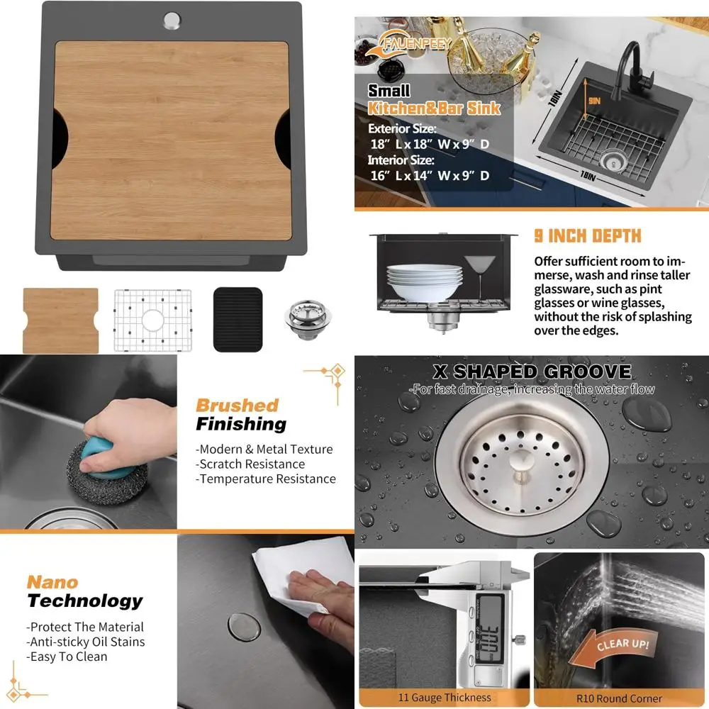 

Stainless Steel 18x18 Inch Single Bowl Kitchen Sink with Built-in Ledge for Bar Use - Drop In Topmount Workstation Design