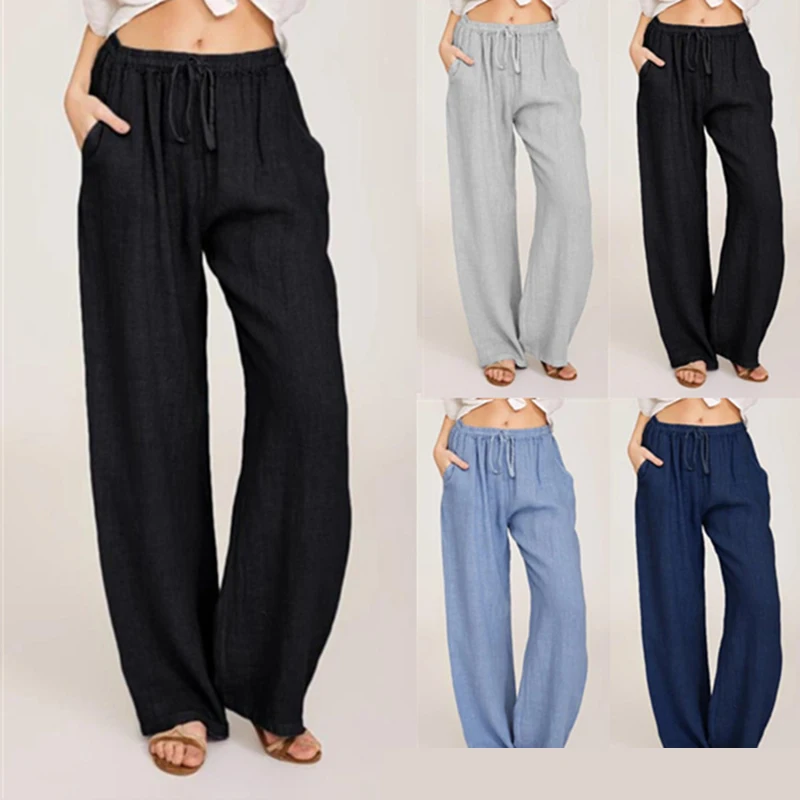 Plus Size 3XL 2019 Summer New Hot Cotton Linen Women Wide Legs Pants Solid Casual High Waist Button Trousers Female Loose Pants