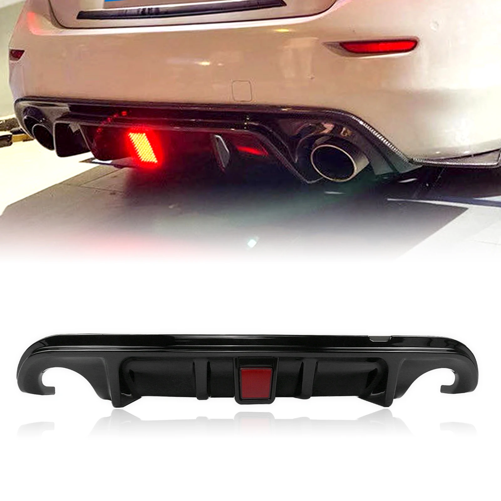 Rear Diffuser Bumper Lip For Infiniti Q50 2014 2015 2016 2017 Carbon Fiber Look/Gloss Black Boot Spoiler Kit With LED Brake Lamp
