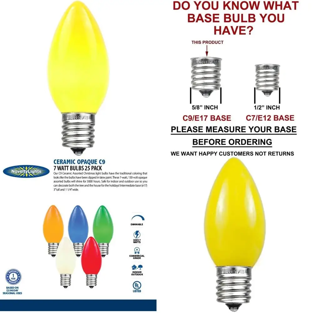 หลอดไฟทดแทนคริสต์มาสเซรามิก C9 สีเหลือง 7 วัตต์, ฐานกลางแจ้ง E17, ไฟ LED ที่มีอายุการใช้งานยาวนาน 500 ชิ้น