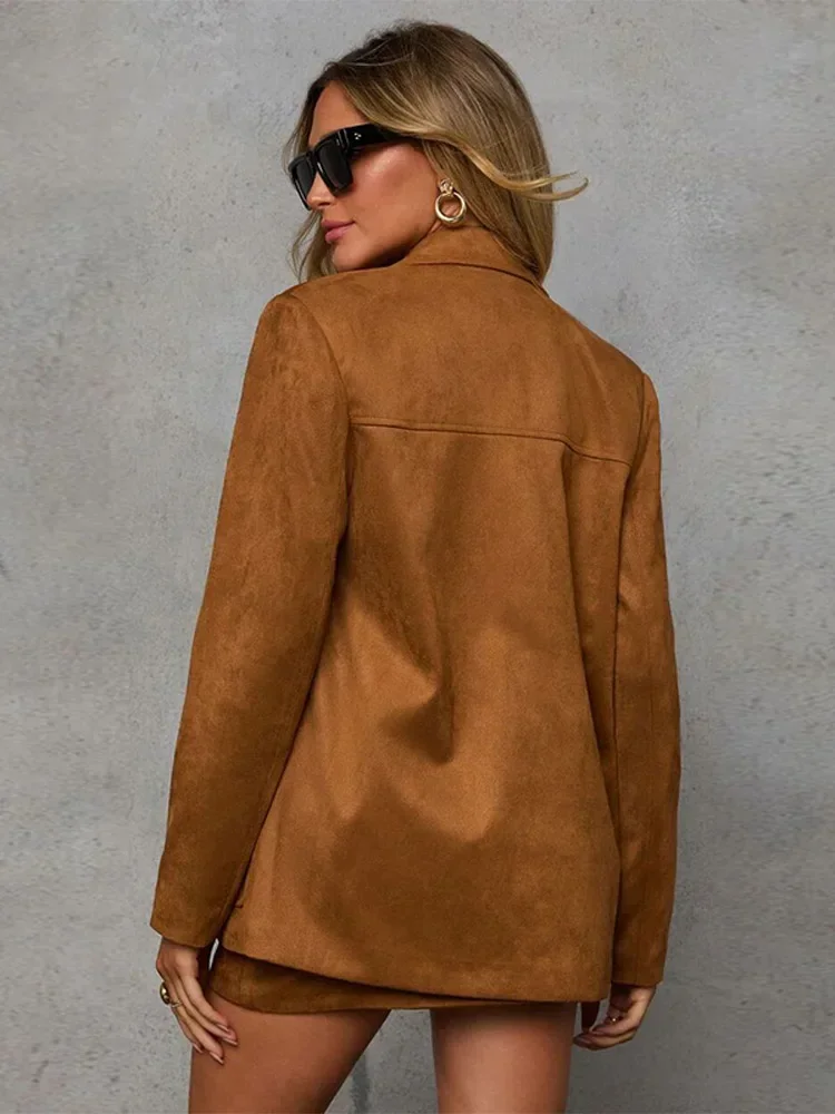 Vintage Brown Suede Jacket For Women Elegant Lapel Single Breasted Suit Blazer Coat Elegant Office Lady Autumn Street Outerwear