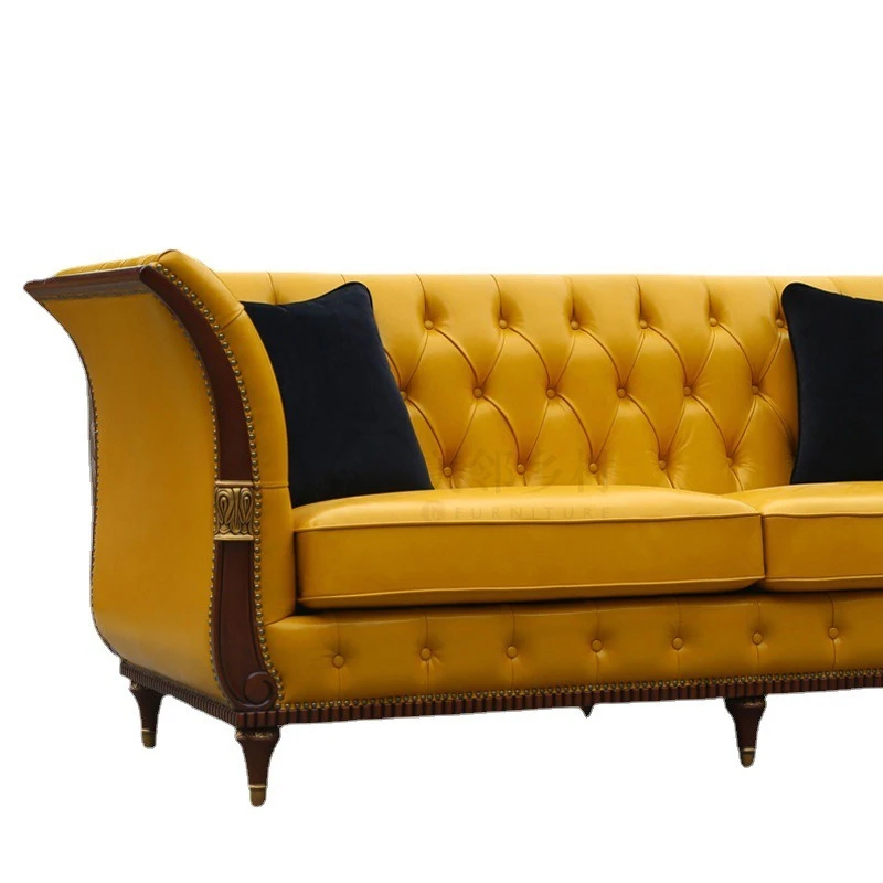

American Revival Mahogany Leather Art Four-person Three-person Sofa Villa British 123 Sofa Combination Furniture
