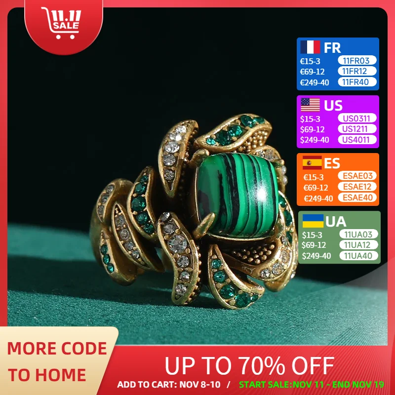

Vintage Jewelry Flower Crystal Green Peacock Stone Rings for Woman Gold Color Classic Elegance Gift Boho Wedding New Arrival