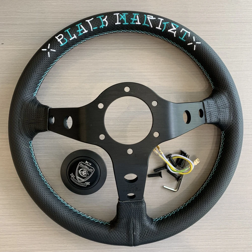 JDM VERTEX LANG Redesign New Green Perforated Leather Skeleton Embroidery Racing Steering Wheel