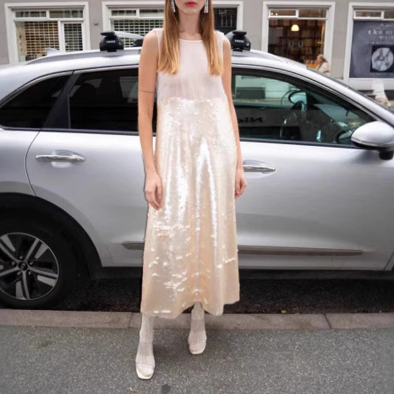 패션 O넥 여성 탱크 드레스 여름 우아한 글리터 스팽글 패치워크 롱 드레스 섹시 슬리브리스 스트레이트 파티 드레스 2025