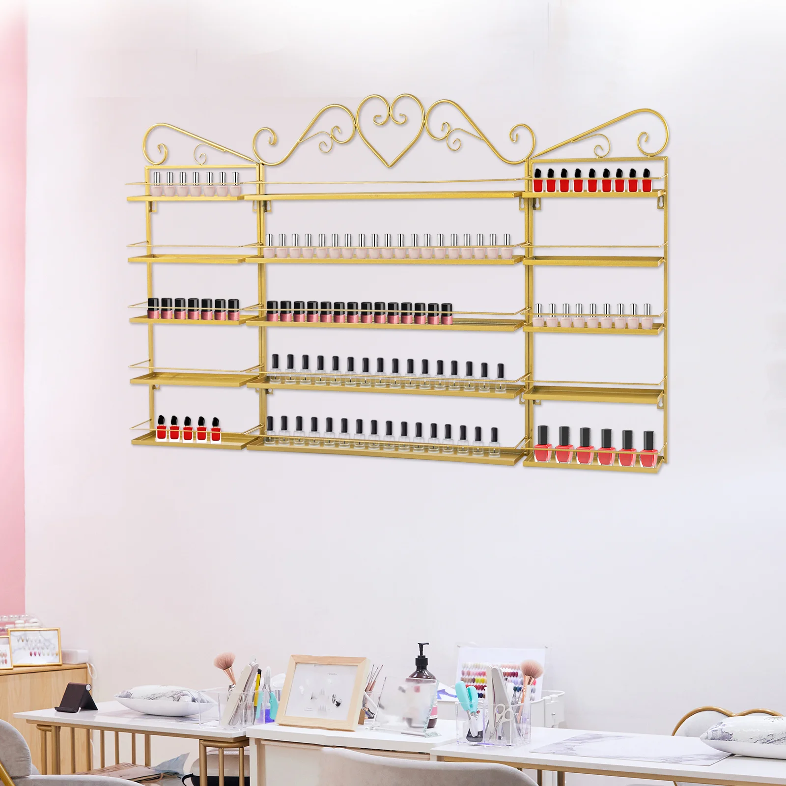 5 Layer Wrought Iron Wall Nail Art Display Rack Three Piece Set - Golden, , High-quality, Used for A Long Time