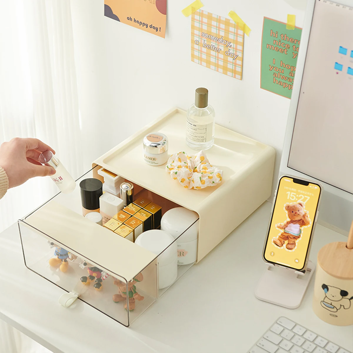 

desktop storage box, cream style pull-out cosmetic lipstick organizing box, bubble mat dustproof transparent handle box