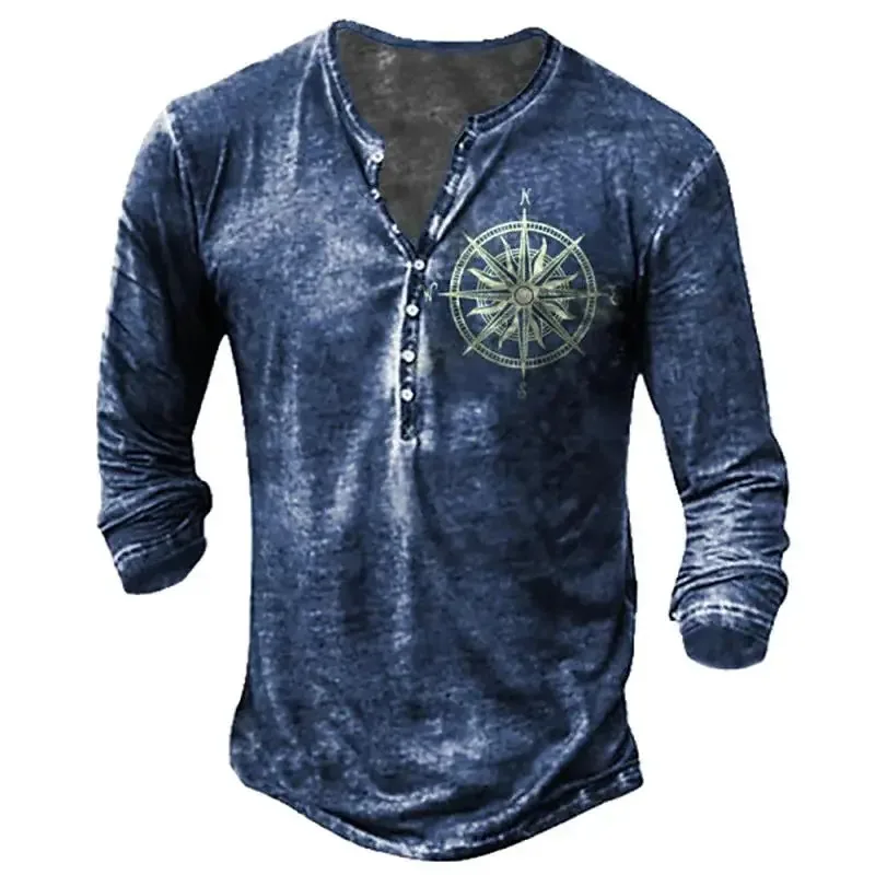 Vintage V-hals Henley Shirt Navigatie 3d Gothic T-shirt met lange mouwen voor mannen 5xl Oversized Tops T-shirt Man Punk Streetwear