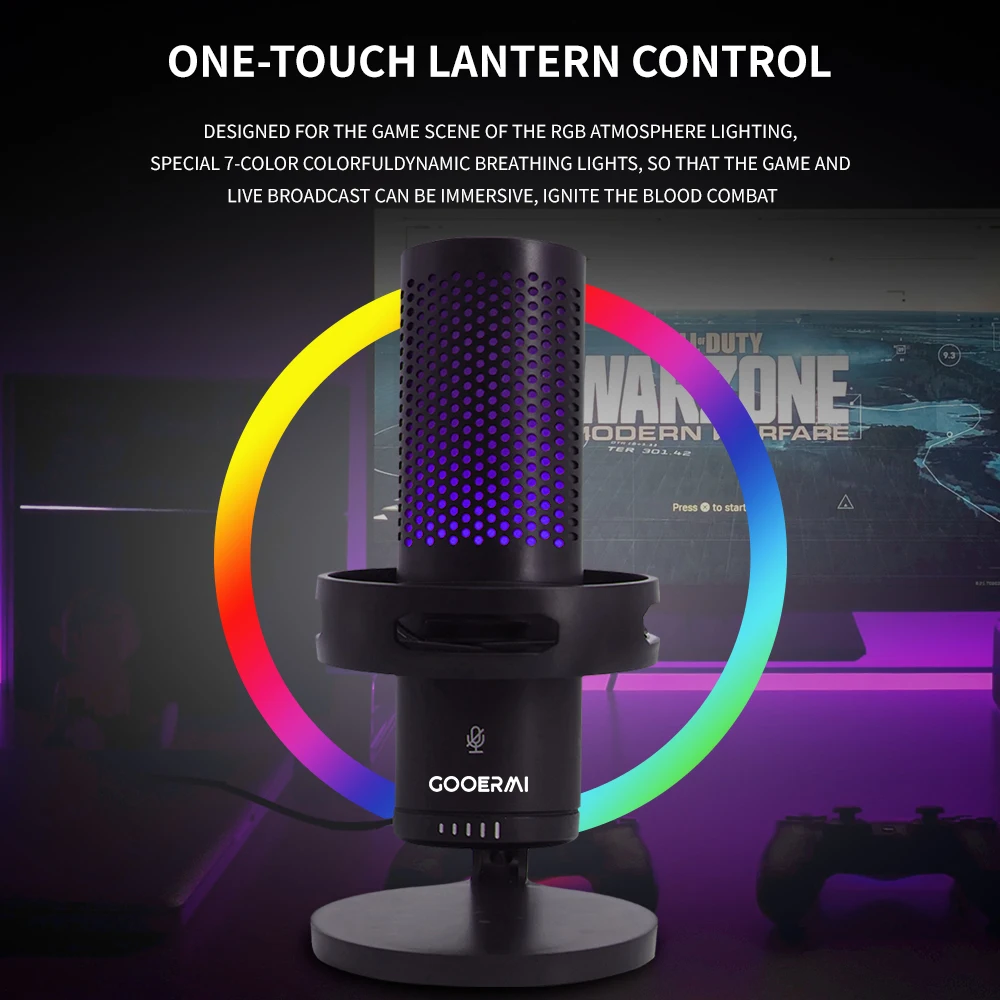 Gooermi GM7 Wired Condenser Gaming Microphone RGB Cool Atmosphere light One Key Mute For Podcasts