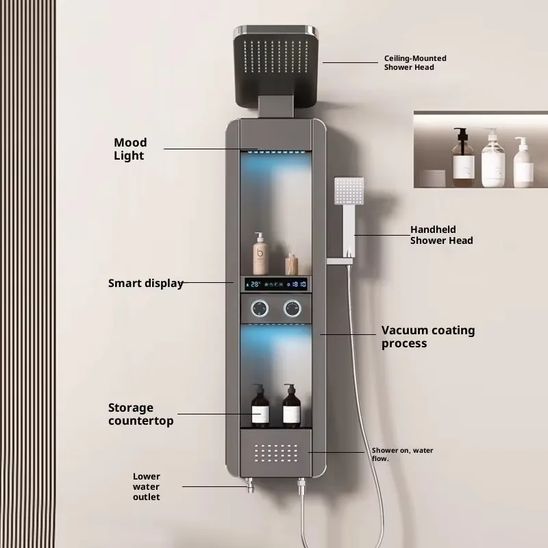 Ensemble de douche moderne en acier inoxydable, finition brossée, robinet thermostatique à pulvérisation douce, mural, écran de douche à poignée unique, hôtel