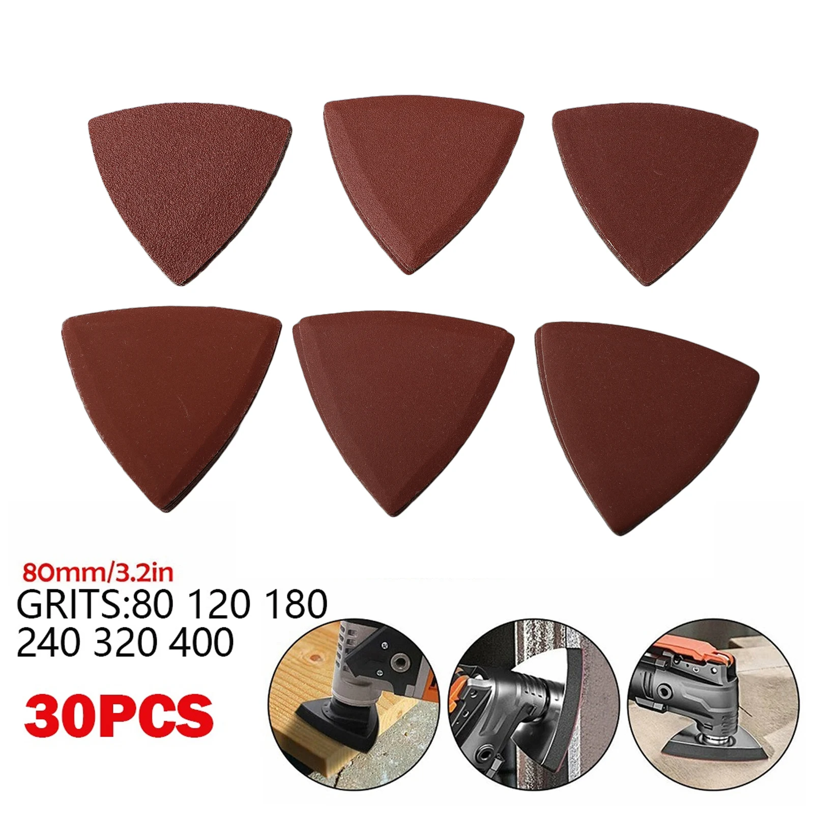 

30pcs Triangle Sandpaper Sanding Disc Hook & Loop Oscillating Multi Tool Sand Paper Sanding Pad Triangular 320 80 120