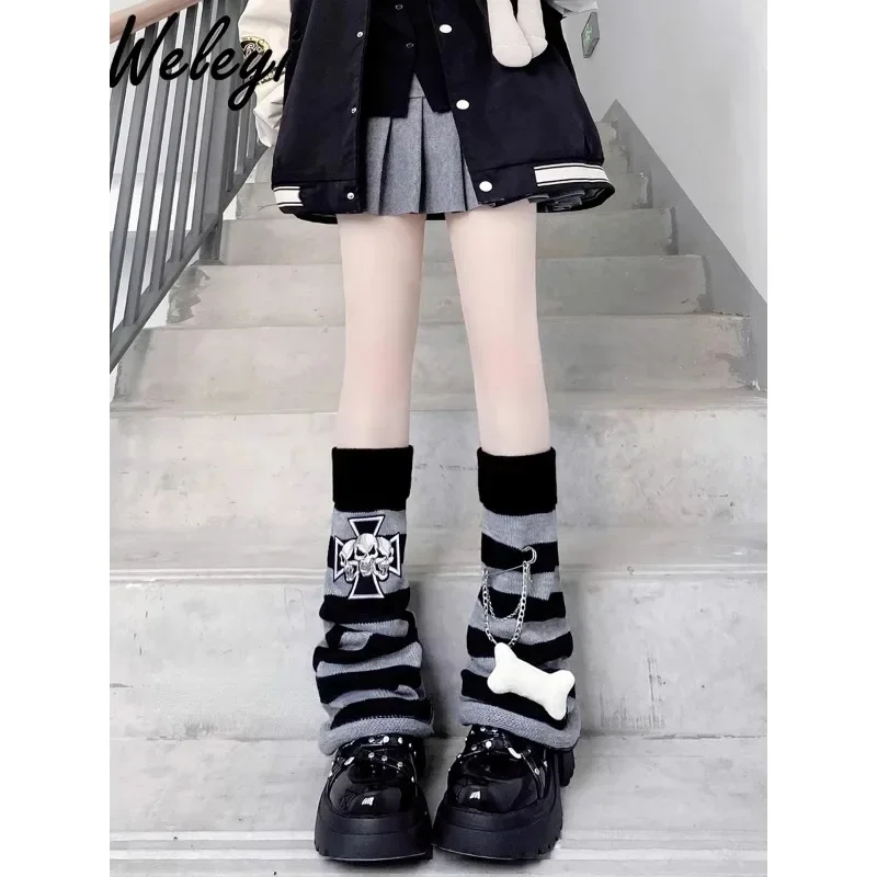 Y2k Jirai Kei Women's Middle Tube Socks Autumn and Winter Subculture Original Sweet Girl Black Grey Stripe Bone Lower Leg Socks