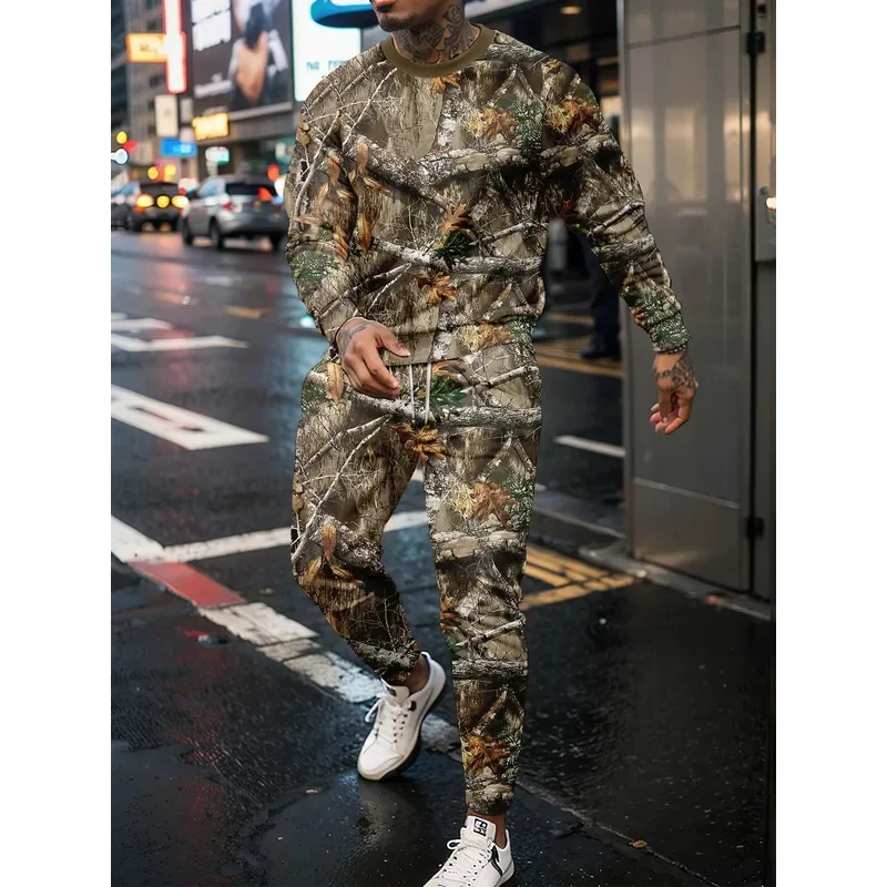Jungle Camouflage 3D Print Long Sleeve Man 2 Piece Set Streetwear Casual Tracksuit Male Oversized Tops Basketball 2PCS Sets