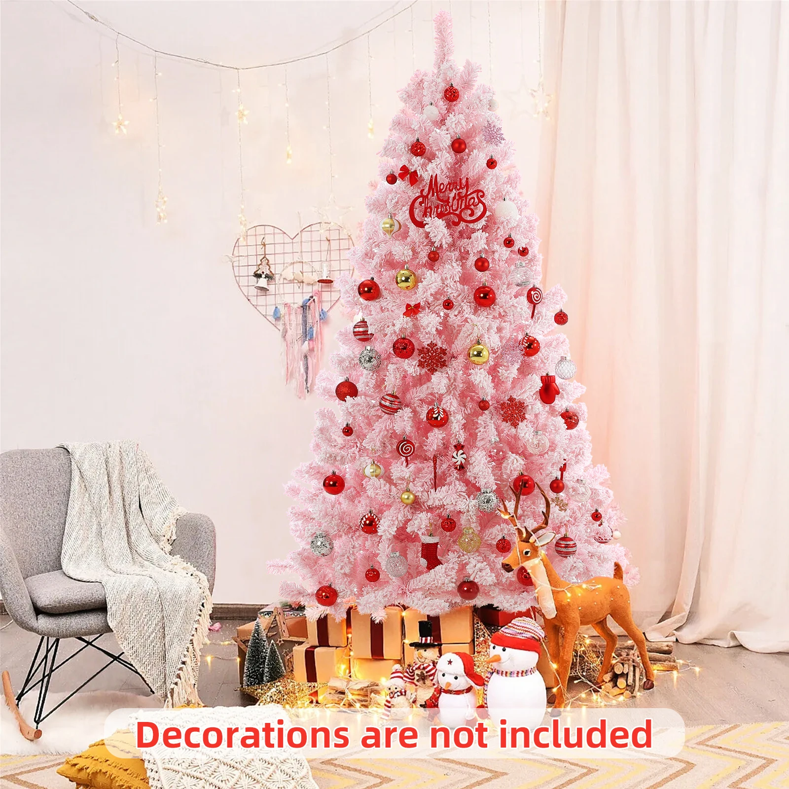 6Ft Pink Pre-lit Christmas Tree, Snow Flocked Artificial Xmas Tree with 250 Multi Color LED Lights, 751 Branch Tips and Foldable