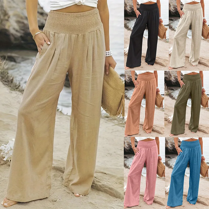 Spring/Summer New Women\'s Casual Style Cotton and Hemp Comfortable Mid Waist Long Pants for Women