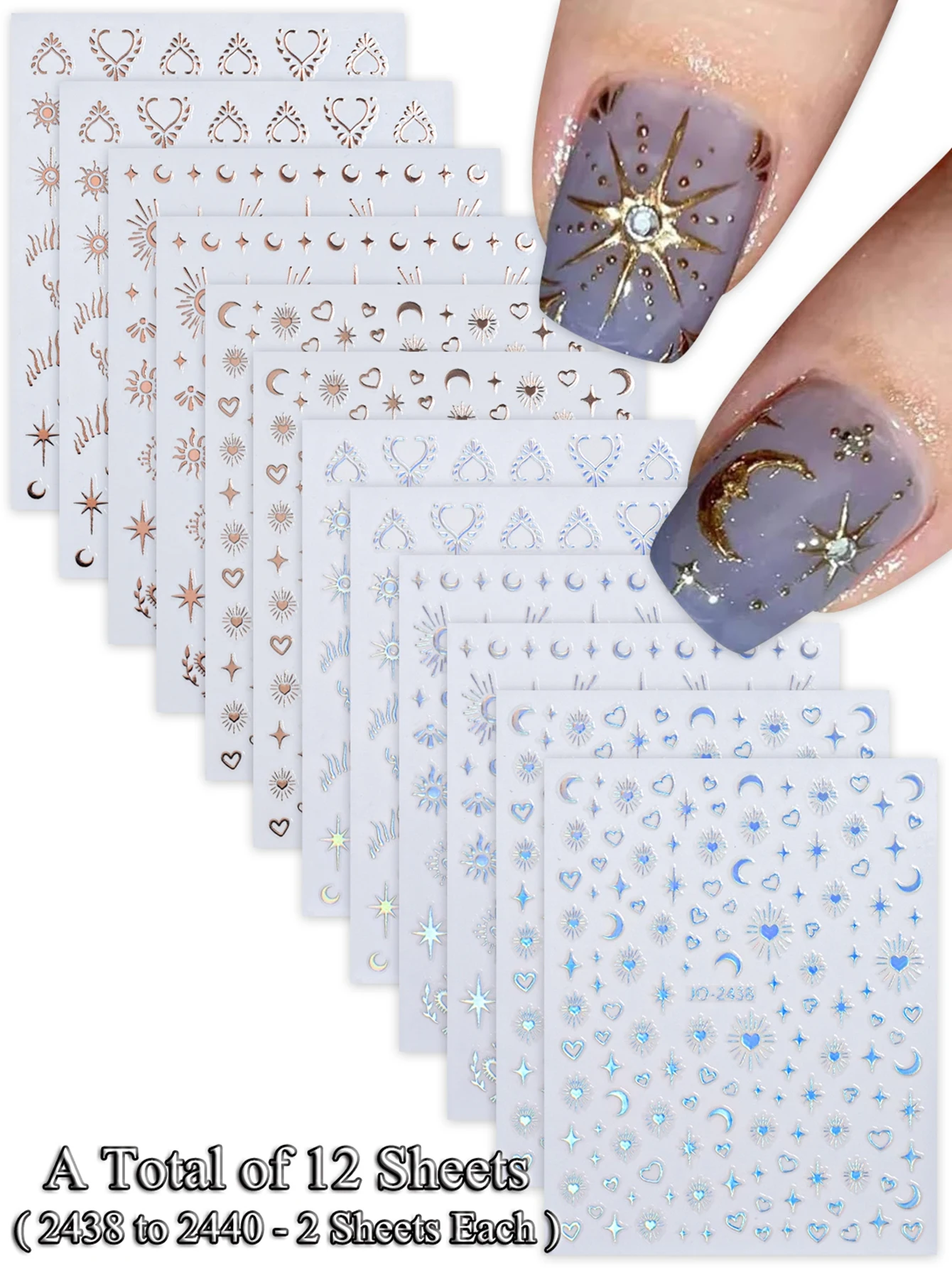 6/12/24 Vellen Gouden & Zilveren Ster, Maan & Hart Nagelstickers, Zelfklevende 3D Nageldecoratie Stickers voor DIY Manicure Decoratie