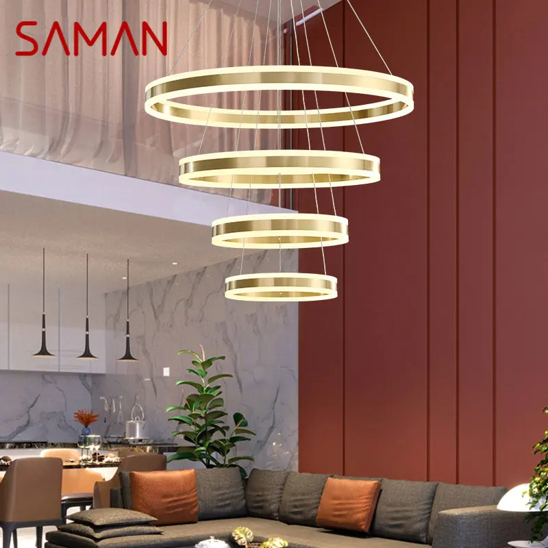 

SAMAN Contemporary Ring Brass Pendant Lamp LED 3 Colors Copper Chandelier Lights Decor For Home