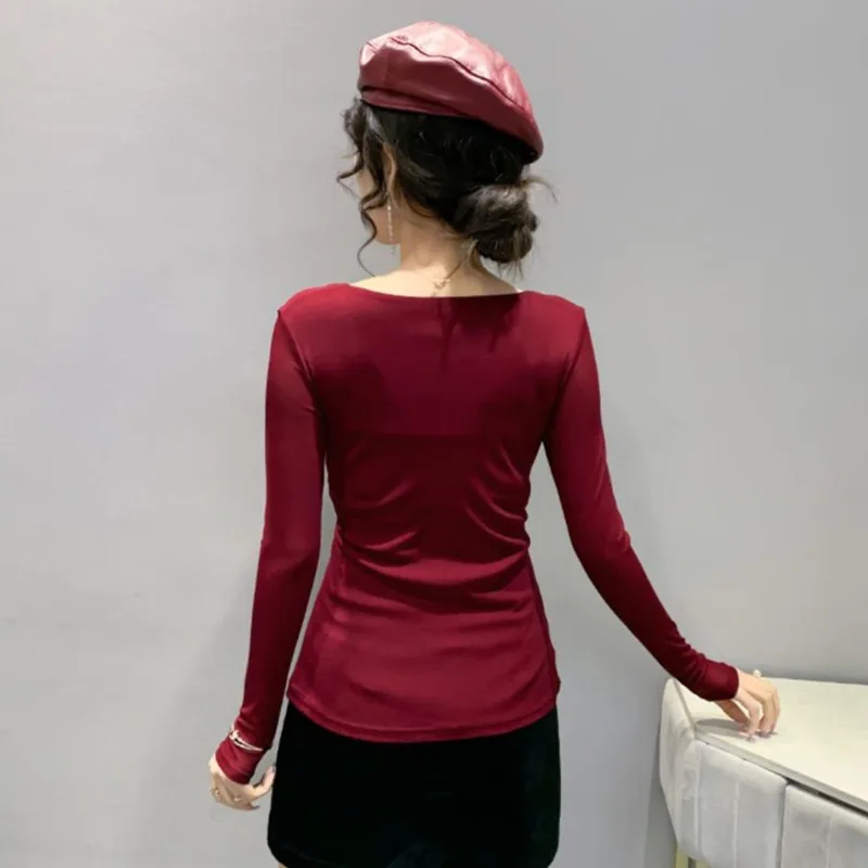 #8193 Black Red Leopard Mesh T Shirt Women Long Sleeve Sexy Tight Short T Shirt Female V-Neck Thin Wrap Tshirt Ladies Stretch