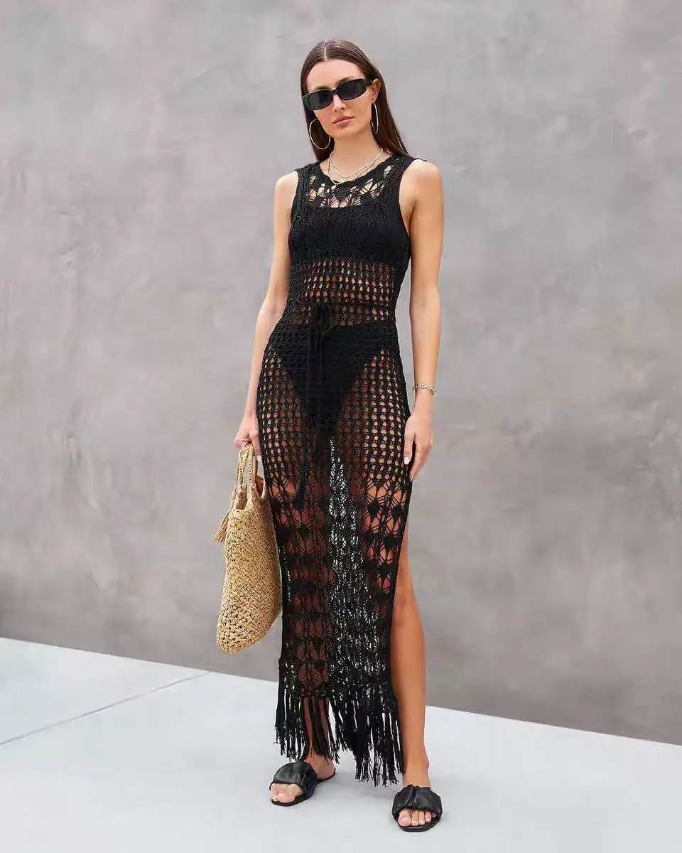 

Crochet Cover Ups Split Long Beach Dresses Hollow Knit Tassel Sexy Dress Bikini Cover up Vacation Swimsuit