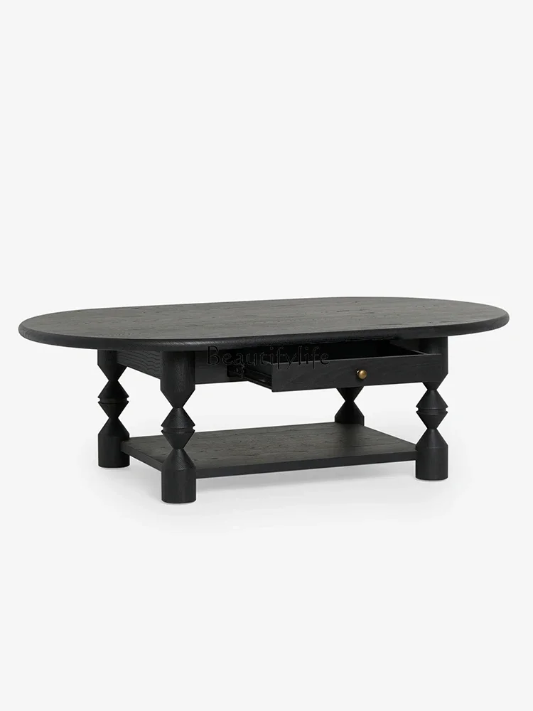 

5French retro black coffee table living room home solid wood oval