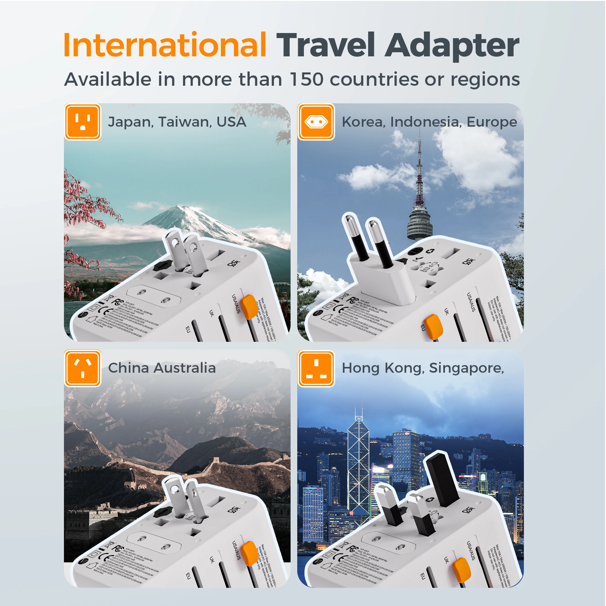 TESSAN GaN محول قابس السفر العالمي العالمي مع 2 USB 2 نوع C 2500 واط محول السفر العالمي إلى كندا المملكة المتحدة الاتحاد الأوروبي أستراليا