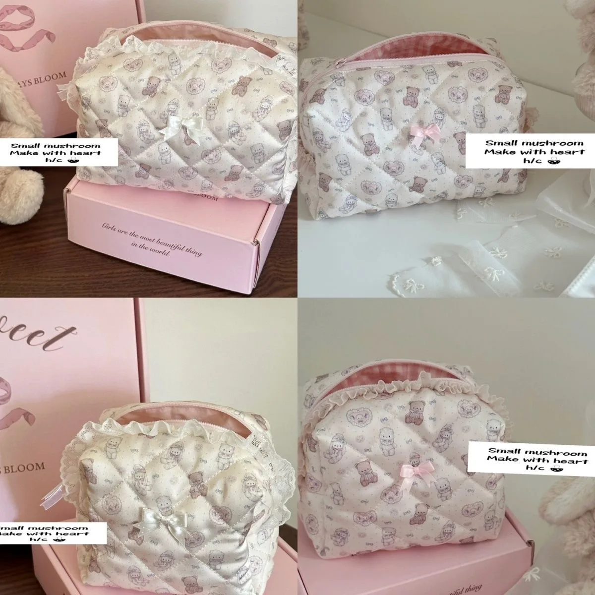 حالمة فتاة مستطيلة الساتان سلة التخزين منظم سطح المكتب سلة التخزين الدب الوردي ديكور المنزل أساسيات السفر