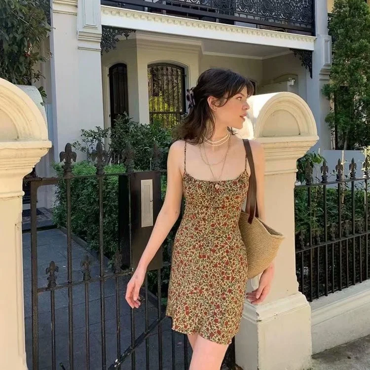 Retro Floral  Knot Belted Slim Fit ter Dr ort Skirt Women's Sle Street High Waist Svel Summer Faion