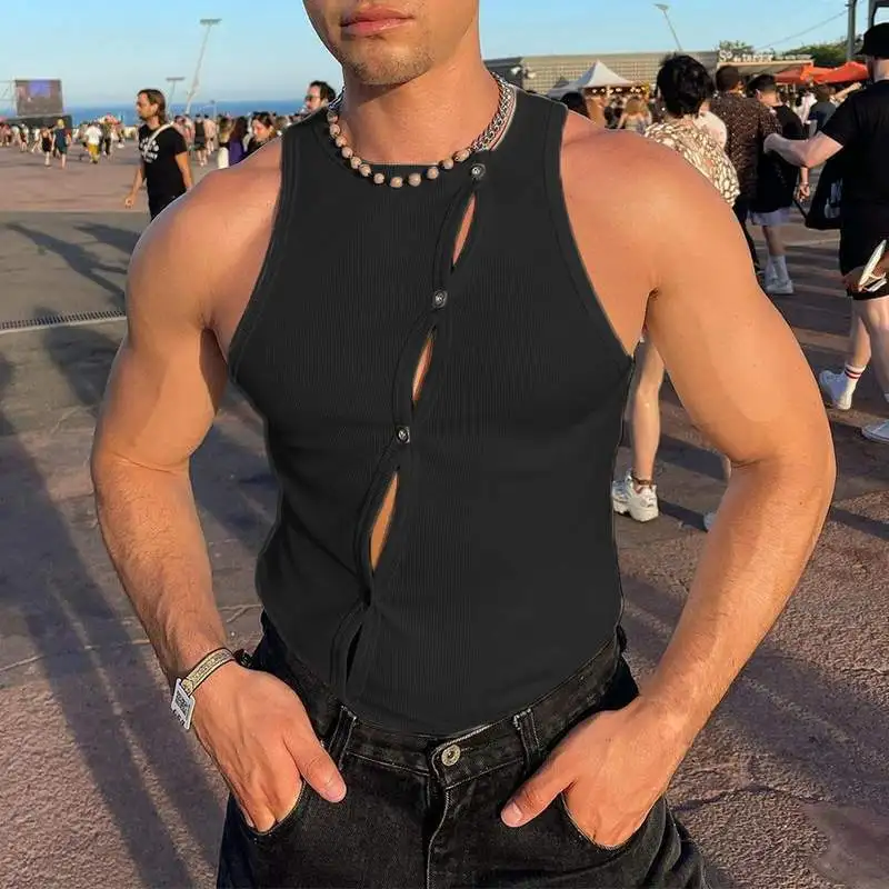 

Fashion Button Spring and Summer New Men's Tops Elastic Fashion Corset Cardigan Men's Muscular Sexy Tight Sports Sleeveless Vest