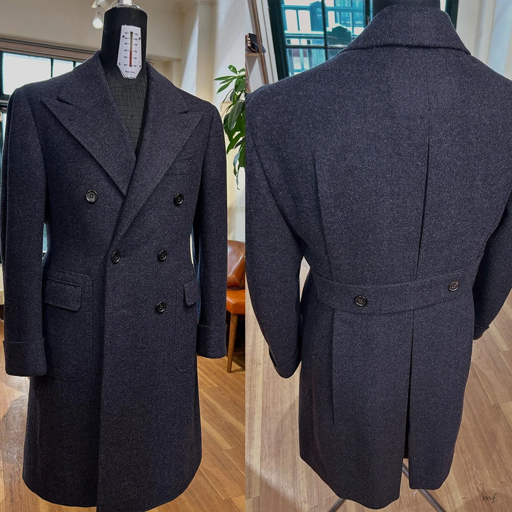 Mens Wool Long Coat Peaked Lapel Double Breasted Navy Blue Classic Fit One Piece Customized Windproof Jacket