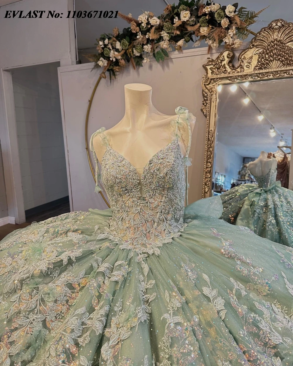 EVLAST disesuaikan Sage hijau Quinceanera gaun bola gaun mengkilap bunga Applique manik-manik korset manis 16 Vestidos De 15 Anos SQ653