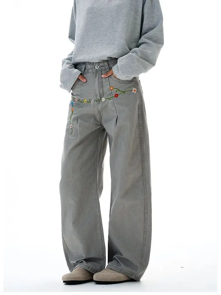 

Men's Retro Floral Embroidered Curved-Blade Casual Trousers; Unisex Retro Soft, Durable Wide-Leg Trousers