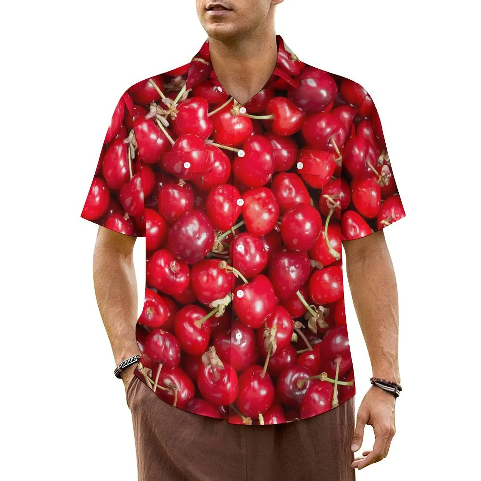 

Red Cherries Print Beach Shirt Men Sweet Fruit Loose Casual Shirts Hawaiian Short Sleeve Y2K Fashion Custom Oversized Blouses