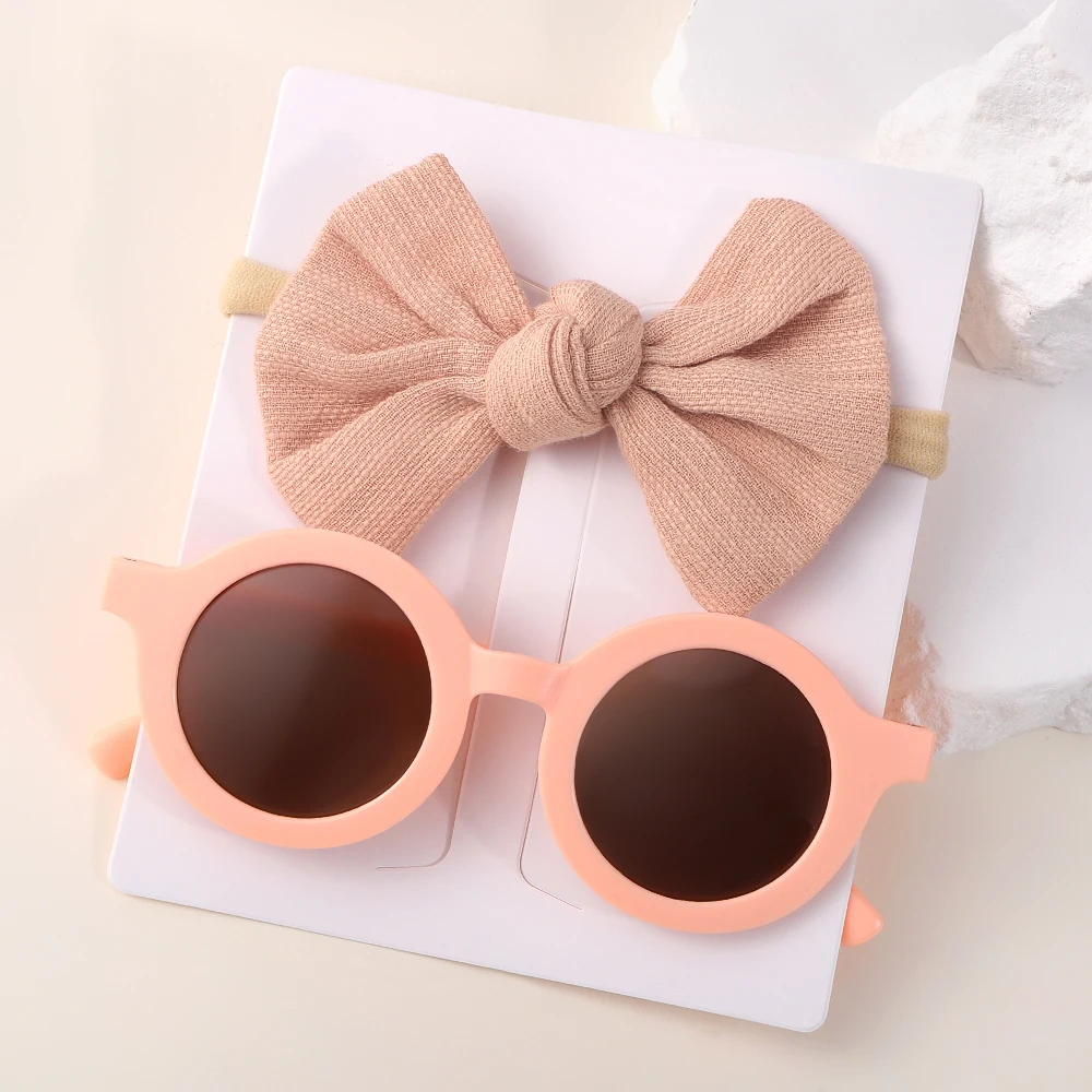 2Pcs/Pack Vintage Kids Summer Bows Headband Round Sunglasses Children Sun Glasses Protection Glasses Baby Hair Accessories