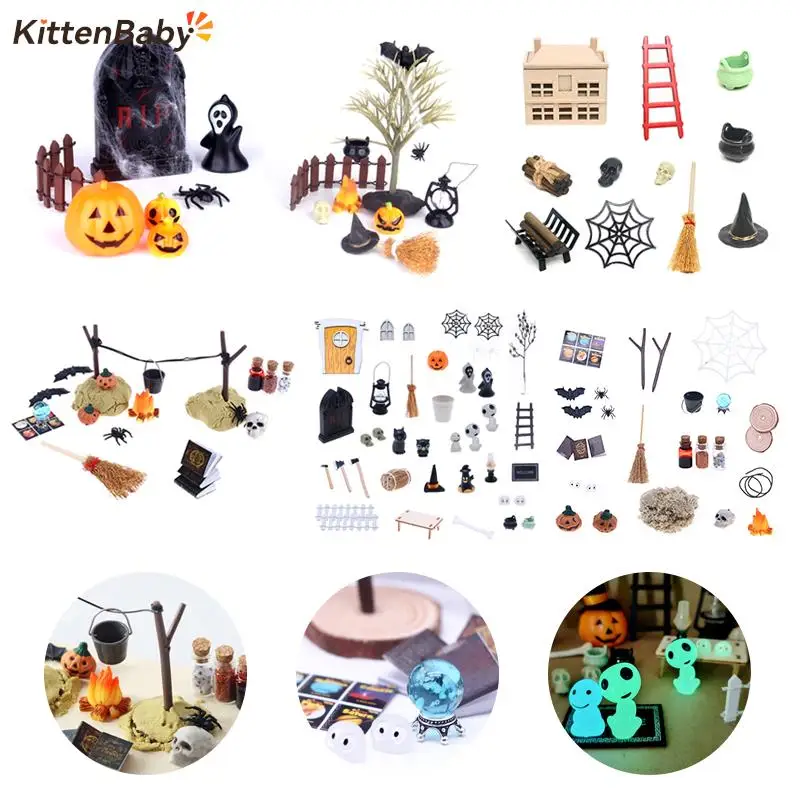 1 Set 1:6 1:12 Dollhouse Miniature Halloween Furniture Ornament Model Bat Skull Broom Spider Model Decor Toy