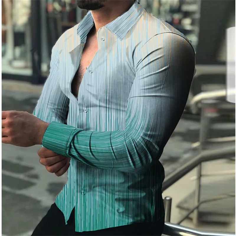 Men's Shirt Gradient Stripe Printed Cuff Green Gray Outdoor Street Long Sleeve Clothing Fashionable Streetwear Designer Casual