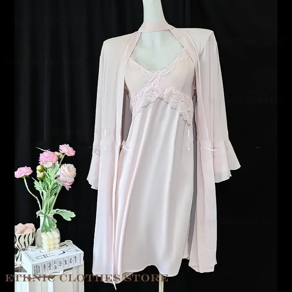 

Ночная рубашка на подтяжках с кружевной отделкой, одежда для сна, сексуальная женская ночная рубашка и халат, комплект одежды для отдыха, нижнее белье, свободное повседневное шелковистое атласное домашнее платье