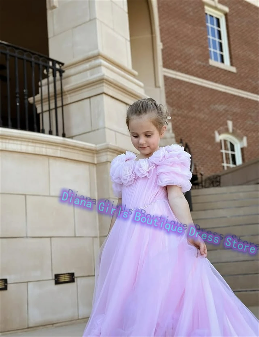 Precioso vestido rosa de flores para niña, vestidos de novia esponjosos de tul con apliques escalonados, vestidos personalizados para fiesta de cumpleaños de niñas pequeñas de princesa