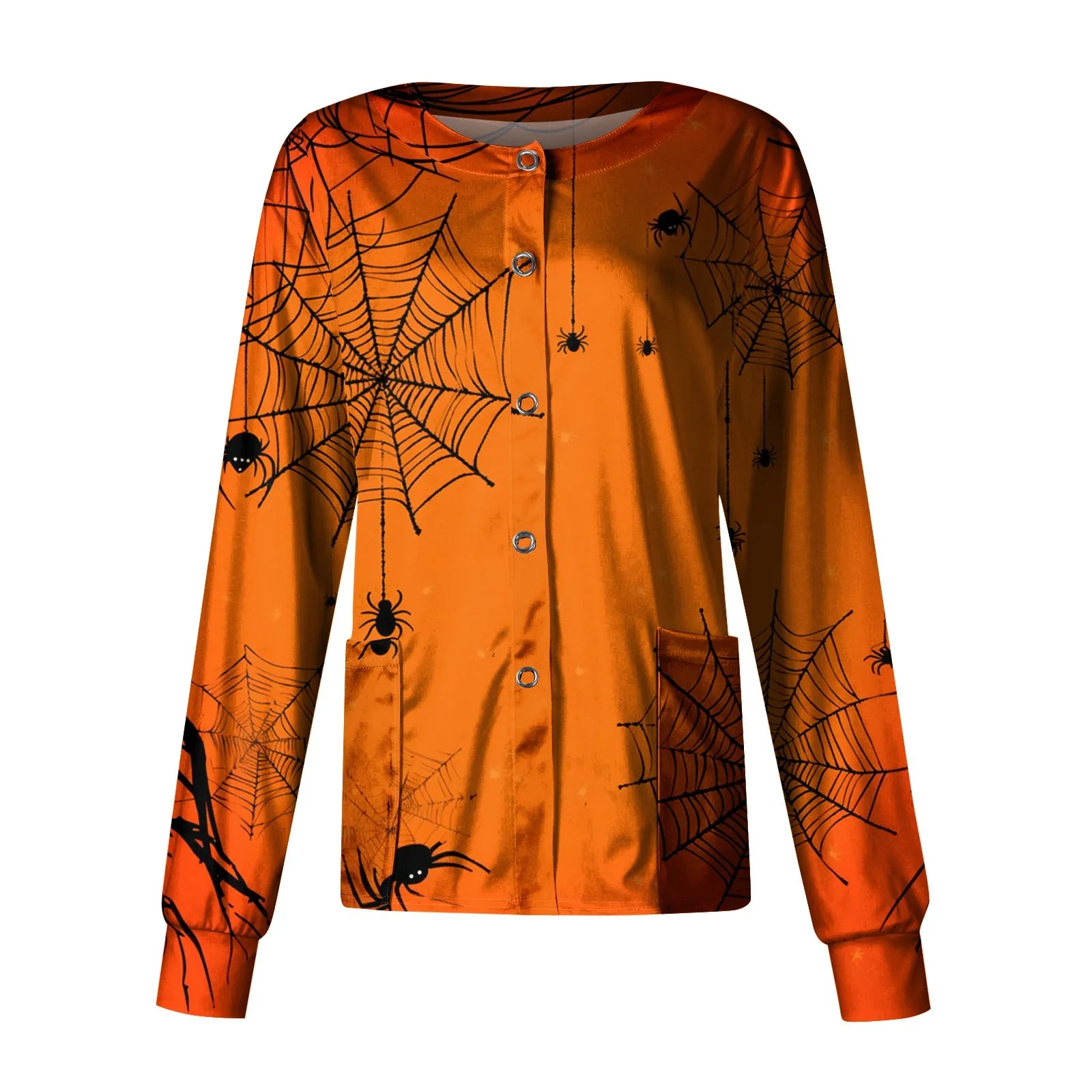 Jaket Overall Pelindung Berkerah Tunggal Motif Halloween untuk Wanita, Lengan Panjang, Berkantong, Seragam Kerja Perawat