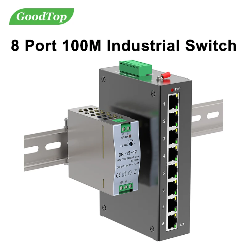 GoodTop 8 Port 100M Unmanaged Industrial Switch with15W Power Supply DIN-Rail Ethernet Switch Fast IP40 4KV Lightning Protection