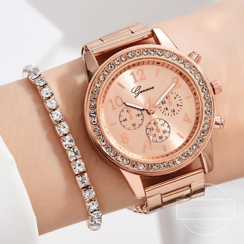 6PCS Set Watch Women Ring Necklace Earrings Rhinestone Fashion Wristwatch Female Casual Ladies Watches Bracelet Set Clock No Box