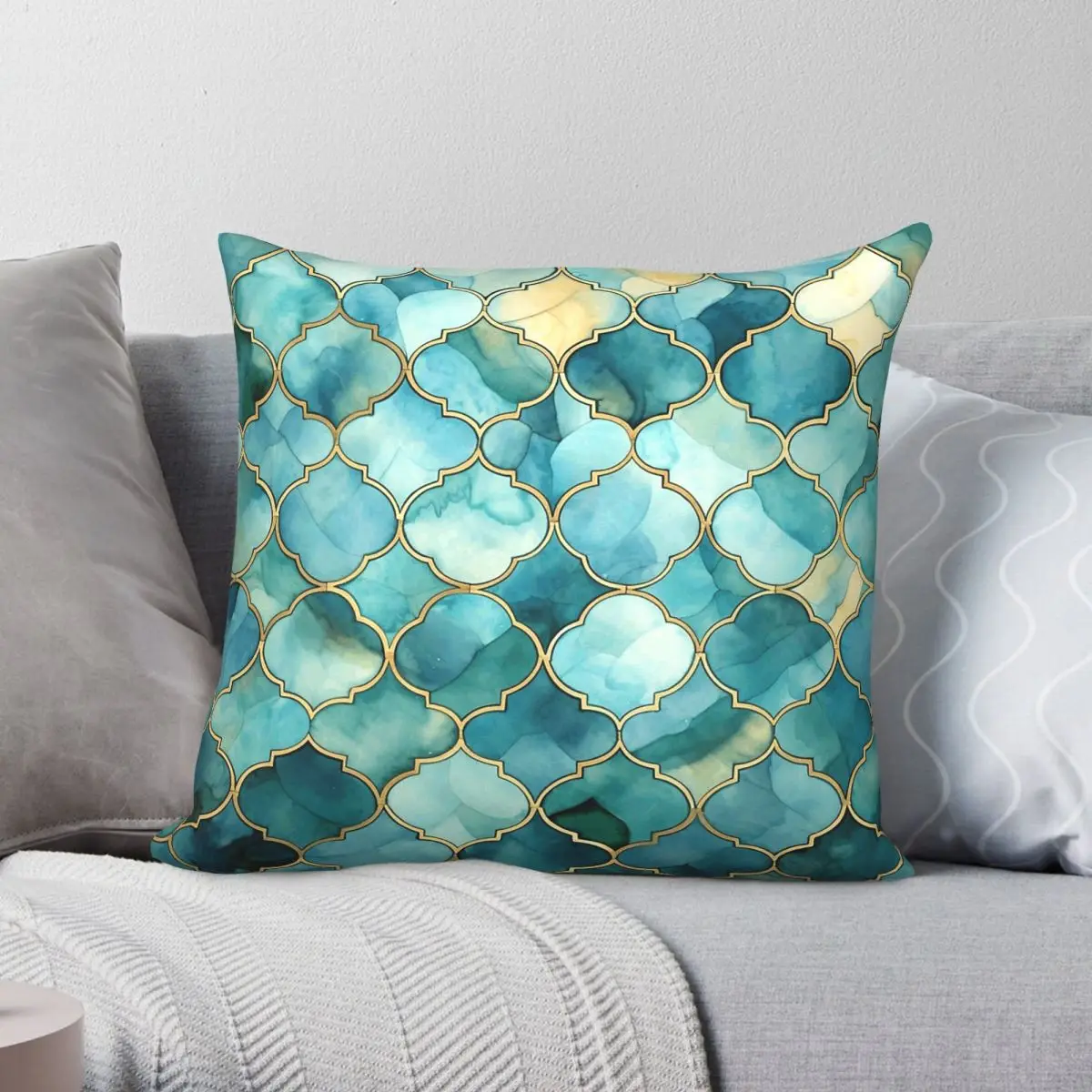 Mint Green Aqua Morrocan Tile Pillowcase Polyester Linen Velvet Creative Zip Decor Throw Pillow Case Bed Cushion Cover 18