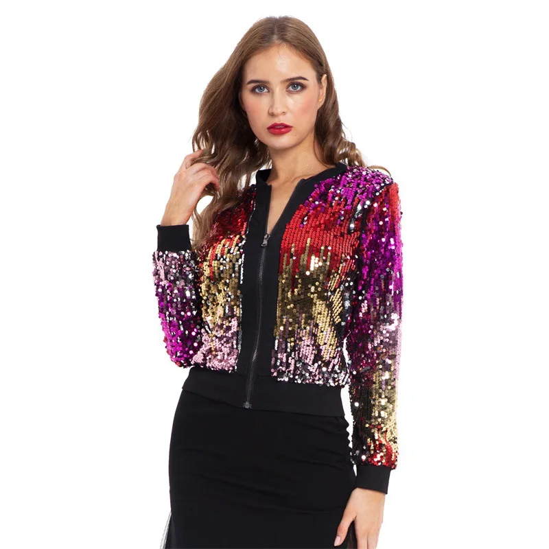 Women Colorful Sequin Bomber Jacket Fashion Streetwear Stand Collar 2023 Spring Autumn Ladies Casual Coat Zip Up Baseball Jacket