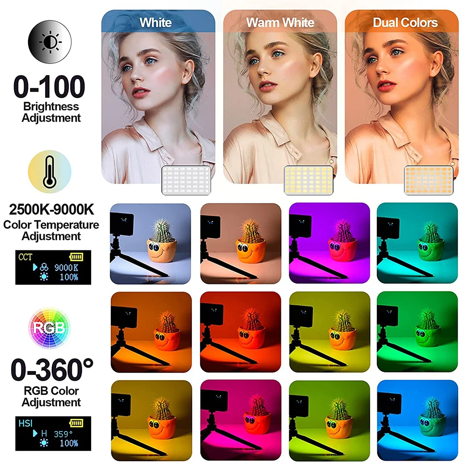 LED RGB Camera Light Full Color Output Video Light Kit Dimmable 2500K-9000K Bi-Color Panel Light CRI 95+ Rechargeable 3300mAh