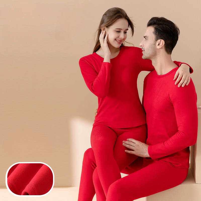 2023 New Couples Thermal Underwear Set Round Neck Wrap Men and Women Thermal Fall Clothes and Pants Home Wear