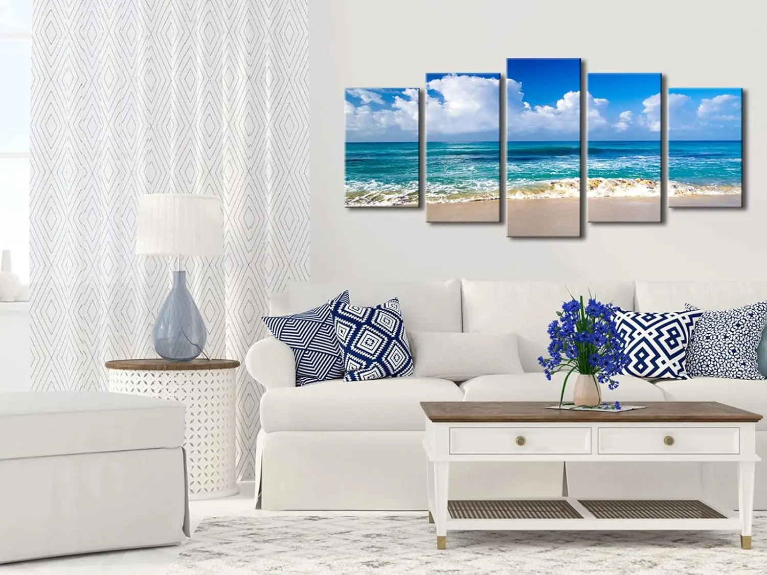 Ready to Hang Customize Modern Blue Large Framed Seascape Canvas Wall Art Printed Painting for Home Living Room Decor