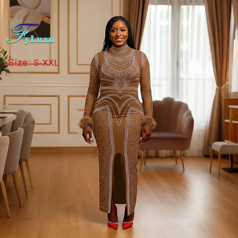 Long Sleeve Gown Women‘s Long Dress Round Neck Hot Diamond Bodycon Dress Hem Split Slim Maxi Dress Lady Elegant Evening Clothes