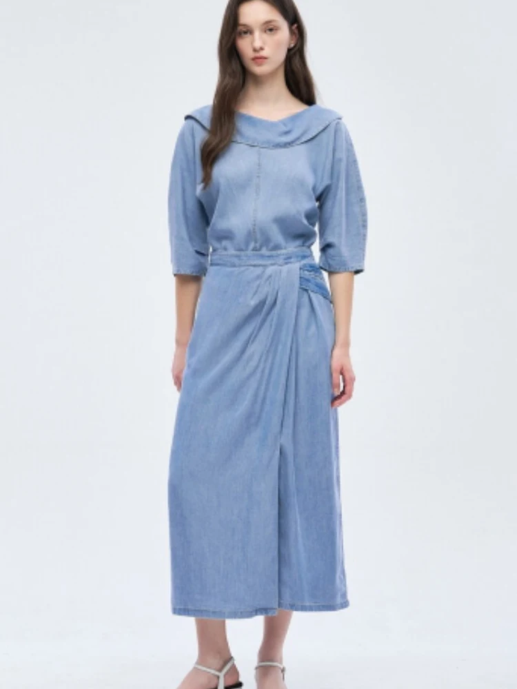 

Summer New Korean Style Simple Large Loose Slimming Fashionable Collared Denim Shirt And Half Skirt Set Casual Mid-Length Pur...