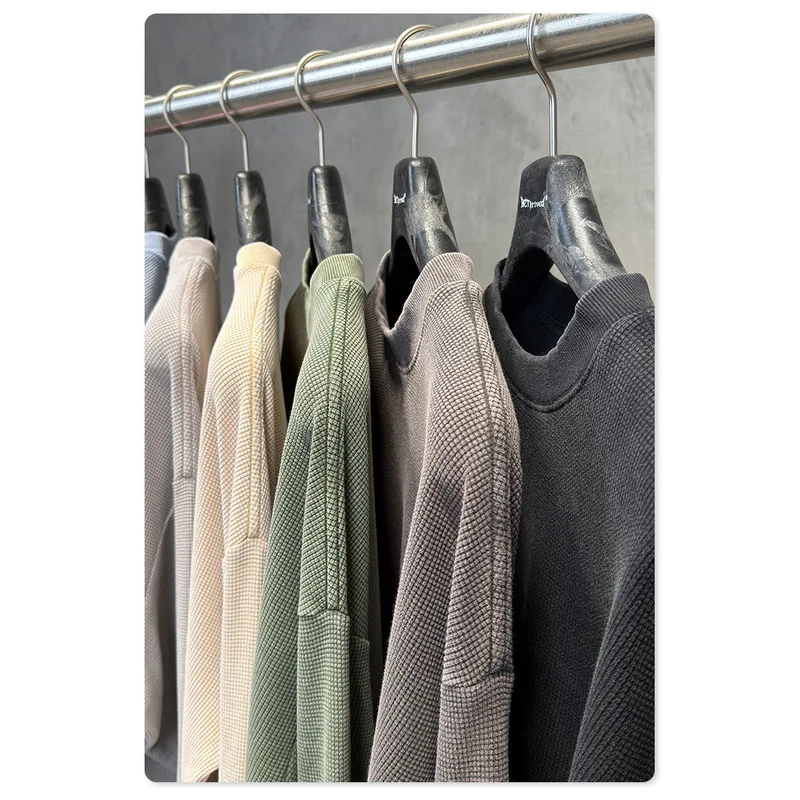 QICHE 2026 Autumn Men Boxy Fit Waffle Knit Snow Wash Long Sleeve Tee American Vintage Loose Drop Shoulder